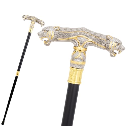 Bastón de Lujo con Diseño de Leopardo de Dos Cabezas en Oro Blanco para Hombre y Mujer, Cetro Antideslizante Extraíble para Cosplay Fiesta Vintage 92 Cm