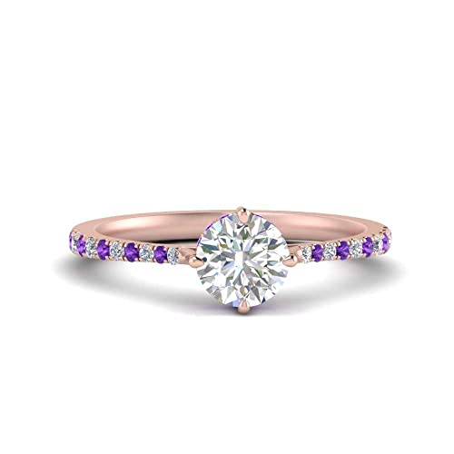 Image of Choose Your Gemstone Compass Point Under Halo Round Engagement Ring Rose Gold Plated Round Shape Side Stone Engagement Rings Lightweight Office Wear Everyday Gift Jewelry US Size 4 to 12