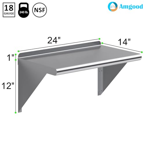 Image of AmGood 14 in. x 24 in. Stainless Steel Wall Shelf | NSF | Metal Shelving | Garage, Laundry, Storage, Utility Room | Restaurant, Commercial Kitchen