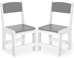 MAMIZO Kinderstuhl Holz 2er Set,ab 1 Jahr, Sitzhöhe 27 cm,Kinderstühle bis 80kg,55x30x28cm für Kinderzimmer,Sitzgruppe Kindertisch,mit Rückenlehne & Fußstütze,in Weiß und Grau