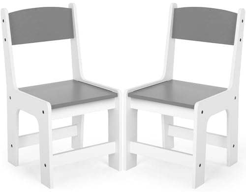 MAMIZO Kinderstuhl Holz 2er Set,ab 1 Jahr, Sitzhöhe 27 cm,Kinderstühle bis 80kg,55x30x28cm für Kinderzimmer,Sitzgruppe Kindertisch,mit Rückenlehne & Fußstütze,in Weiß und Grau
