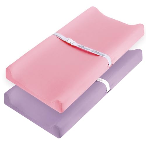 Image of Pro Goleem Muslin Changing Pad Cover for Girls, Soft Breathable Fitted Cotton Diaper Changing Table Pad Sheets, 2 Pack (Pink＆Purple)