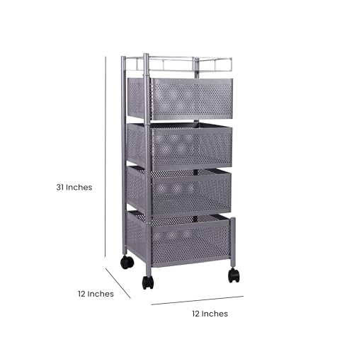 Image of KITCHIVO Kitchen Storage Rack | Revolving Vegetable Rack | Square Multipurpose Storage Trolley with Wheels | Metal Fruit Rack (Silver, 4 Layer)