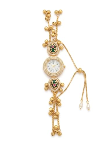 Image of Gold-Plated Kashmiri Bracelet Watch with Kundan Embellishments, Ghungroo Charms and Pearl Accents