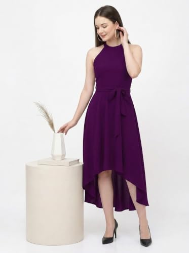 Image of Women Fit & Flare High Low Midi Dress | Sleeveless Round Neck One Piece Dress with Waist Tie Detail | Flowy Western Dress for Party and Casual Styling