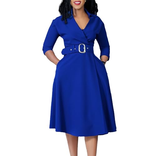 Useagrey Formal Dress for Curvy Women, Elegant Business Deep V Neck Dress with Belt, Long Sleeve Suit Skirt - Main Image