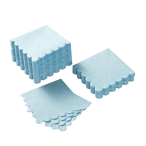 100 Pack Cocktail Napkin 2-Ply Scalloped Edged Light Blue Napkins 5 x 5IN