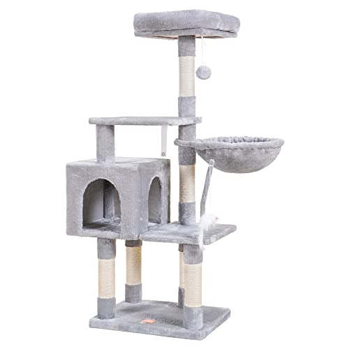 Image of Heybly Cat Tree with Toy, 43.3 inch Cat Tower for Indoor Cats HCT004W | Cat Condo with Durable Sisal Scratching Posts, Cat House with Padded Plush Perch, Cozy Hammock, Light Gray