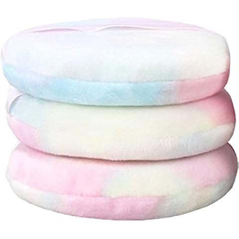 PBQOA 4.13 Inch Large Loose Powder Puffs Reusable Round Ultra Soft Velour Fluffy Body Powder Puff with Ribbon Band Handle Makeup Tool 3 PCS, Colorful Cover