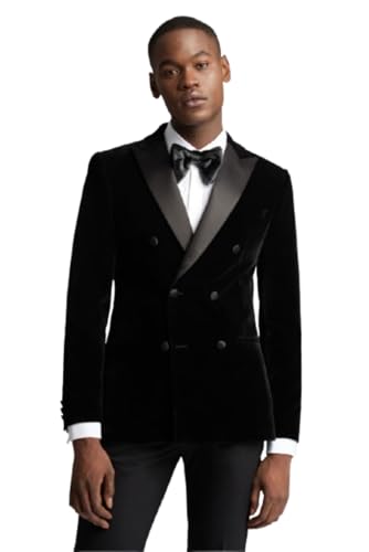 Men's Double Breasted Slim Fit Blazer Black Velvet Jacket Coat