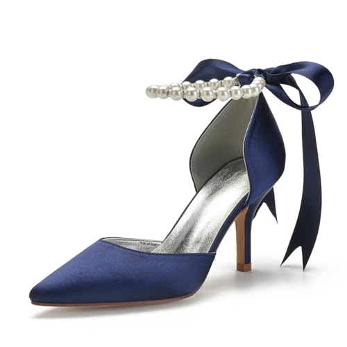 Image of Women's Pearl White Wedding Shoes for Bride High Heels Pointed Toe Bridal Shoes Satin Prom Party Dress Pumps Sandals