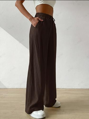 Image of ALYNE Women's Wide Leg Pants High Waisted Linen Look Textured Blend Drawstring Palazzo Trousers with Pockets Casual Relaxed Fit Flowy Soft Comfort Long Pants