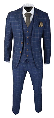 Mens 3 Piece Blue Orange Check Suit Retro Smart Tailored Fit Vintage