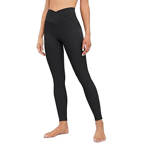 Heathyoga Crossover Leggings with Pockets for Women High Waisted Yoga Pants with Pockets Cross Waist Workout Leggings Black Cover