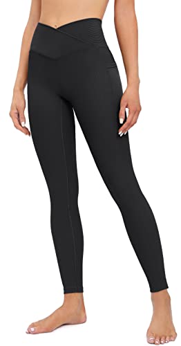 Heathyoga Crossover Leggings with Pockets for Women High Waisted Yoga Pants with Pockets Cross Waist Workout Leggings Black