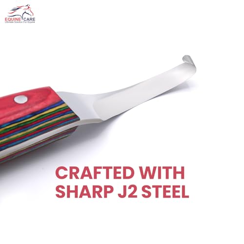 Image of Equine Care Farrier Hoof Knife, Left-Handed, Brass Cap for Horse Shoeing | Left-handed farrier hoof knife with J2 stainless steel blade, notched brass shoe topper, layered handle and flat thumb rest