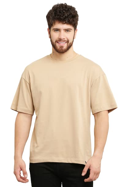 ALMUDAMen's Loose Fit Oversized Drop Shoulder Baggy & Funky Hip Hop Plain Round Neck Casual Cotton T Shirts Solid