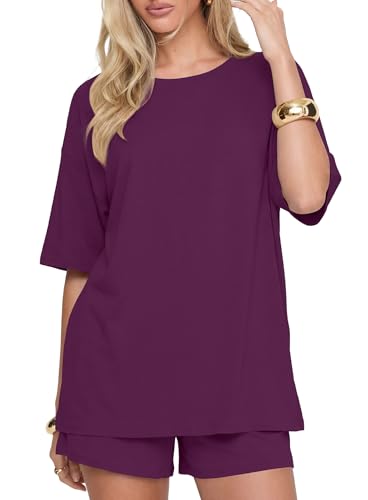 Image of Darong Women's 2 Piece Shorts Set Loungewear | oversized tshirts,crew neck top,drawstring shorts,elastic waist, side pockets,summer travel outfits