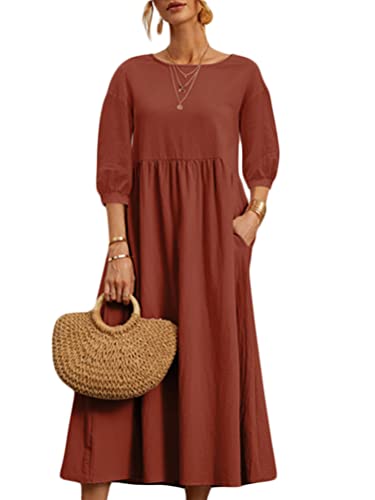 ORANDESIGNE Leinenkleid Damen Sommer Große Größen Tunika Kleid Sommerkleid Lang Maxikleid Elegant Boho Lässig Locker T-Shirt Kleider Blusenkleid...