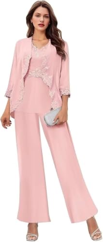 3 Pieces Mother of The Bride Pant Suit for Women Dressy Chiffon Lace Wedding Outfit Set with Jacket4