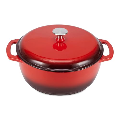 Image of Amazon Basics Enameled Cast Iron Dutch Oven Pot with Lid, Round, Dual Handles, Heavy-Duty, Oven Safe for Stews, Roasting, Baking, 7.3-Quart, Red