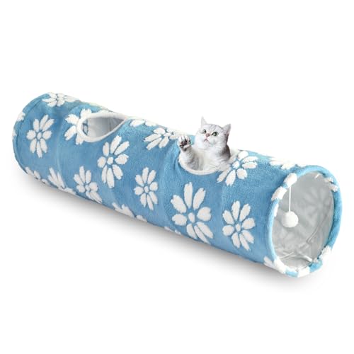 Image of Straight Cat Tunnel for Indoor Cats 47 inchx12 inch, Blue Flower