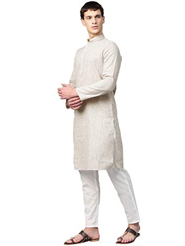 Image of Manthan Self Design Striped Full Sleeves Art Silk Kurta for Men