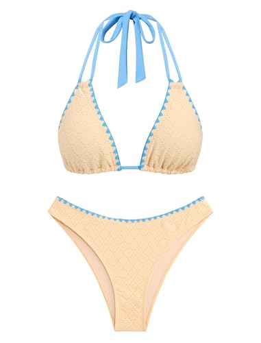 Image of ZAFUL Women Halter Dual Straps Whip Stitch Floral Triangle Bikini Swimsuits