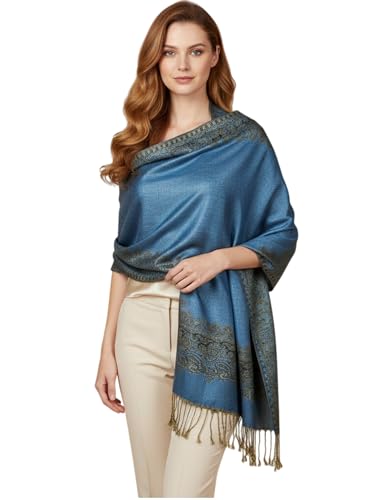 Women's Double Layered Border Pattern Reversible Pashmina Shawl Scarf Wrap Stole (003-24 Mid Blue)