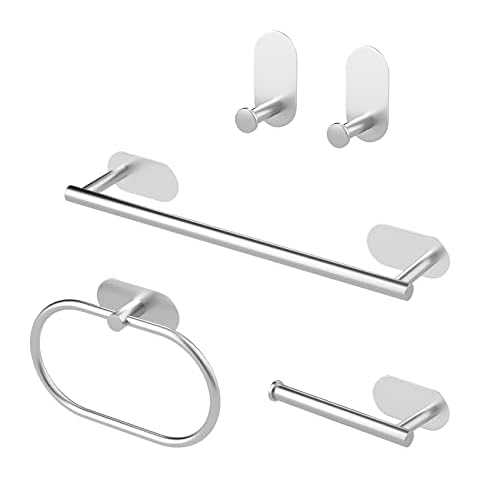 Sarsumir 5 Pieces Bath Accessories Kit Silver Towel Rail Wall Mounted Toilet Roll Holder Hand Towel Holders For Bathrooms & Kitchen Stainless Steel Towel Rack Self Adhesive Hooks No Drilling Cover