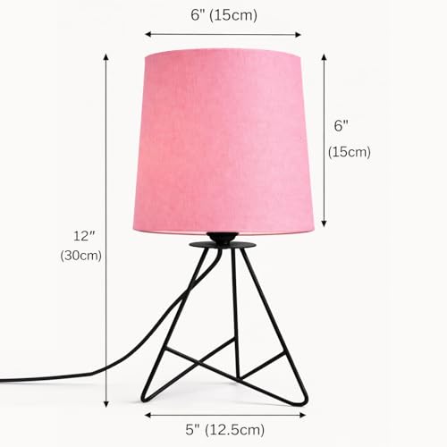 Image of Modern Black Tripod Table Lamp with Taper Fabric Shade | Metal Base Bedside Lamp for Bedroom, Living Room, Study, Office & Nightstand | Decorative Table Light (Pink)