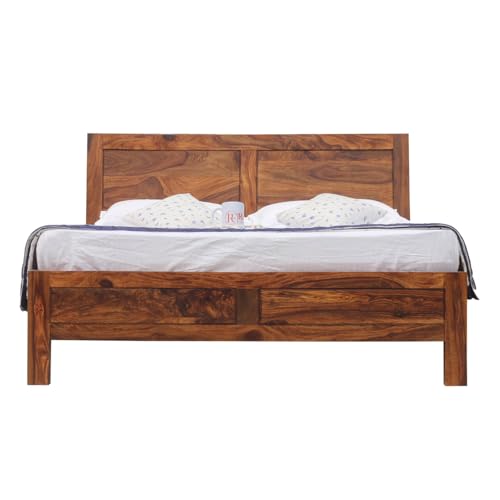 Image of Classic Panel Sheesham Wood Queen Size Bed Without Storage | Wooden Queen Size Double Bed Cot for Bedroom Furniture | Modern Palang Bed for Home & Hotels | Honey Finish