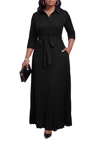 Image of Runwind Maxi Dresses for Women, 3 /4 Sleeve Botton Down Pleated Long Dress with Belt Casual Church Dress with Pockets