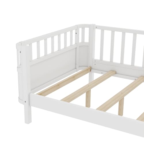 Bellemave Twin XL Montessori Bed with Fence and Slats, Twin XL Low Platform Bed Frame with Detachable Side Bed Rails and Rounded Corner Design, Easy Assemble Montessori Bed White