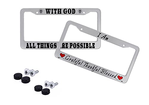 Christian License Plate Frame Religious With God All Things Are Possible Car Tag Frame I Am Grateful Thankful Blessed Frame With Sayings For Men And Women 12" X 6" #TOP2