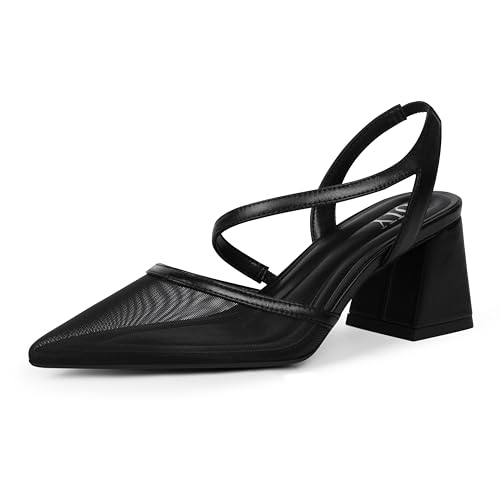 QIY Closed Pointed Toe Heels for Women Slingback Chunky Mid Heel Pumps Formal Wedding Dress Shoes