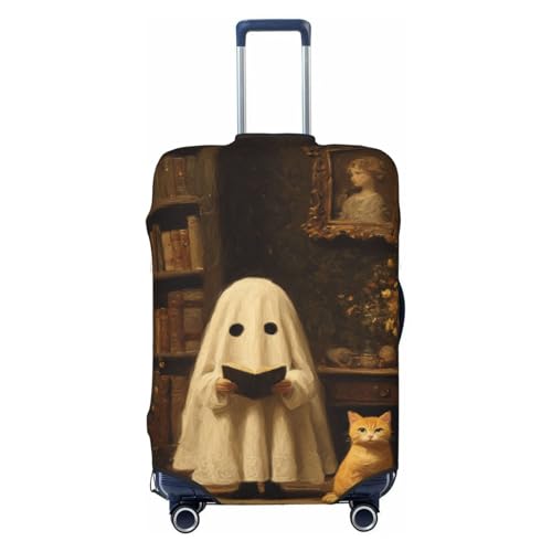 Cute Ghost Reading Bookshelves Cat Elastic Travel Luggage Covers Dustproof Scratch-Resistant Suitcase Protector Fit 22-24 Inch