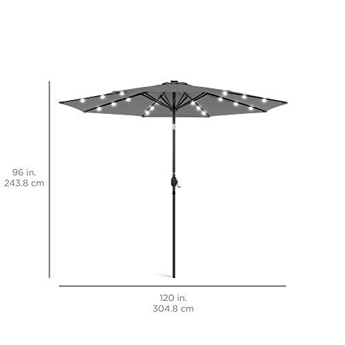 Best Choice Products 10ft Solar Powered Aluminum Polyester LED Lighted Patio Umbrella w/Tilt Adjustment and UV-Resistant Fabric, Gray