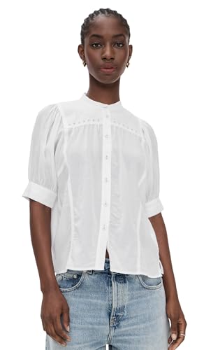 Madewell Women's Embroidered Puff-Sleeve Band-Collar Shirt