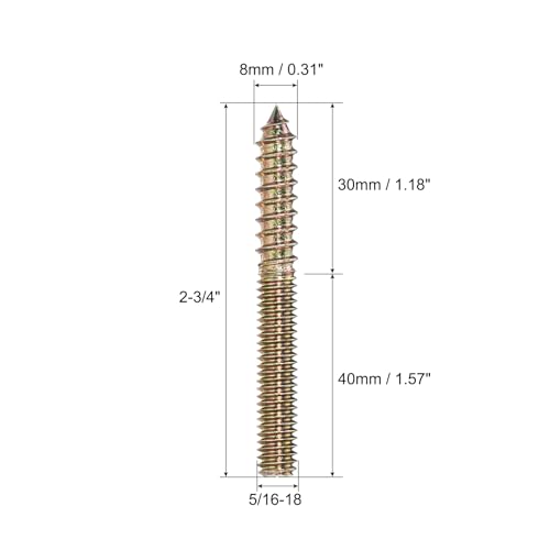Image of uxcell 5 /16-18x2-3 /4 Hanger Bolts, 12pcs Double Ended Screws Wood Dowel Screws for Furniture