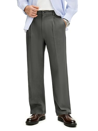 PLEPAN Men's Relaxed Fit Casual Dress Pants Expandable Waist Classic Fit Pleated Front Straight Leg Trousers4