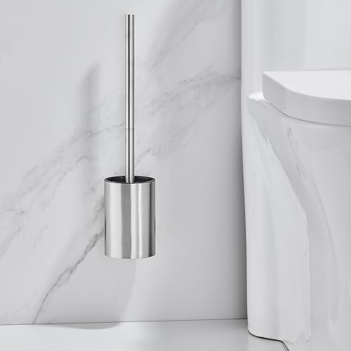 DUFU Toilettenbürste mit Halter – Klobürste aus Edelstahl inklusive Wandhalterung & 2 weichen Bürstenköpfen, selbstklebend (WC-Bürstengarnitur, Silber Gebürstet)