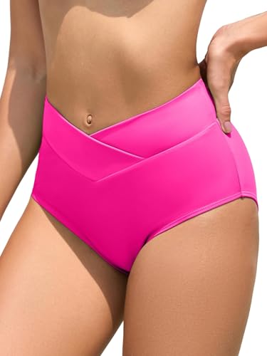 V Cut Bikini Bottoms for Women Full Coverage High Waisted Bathing Suit Swim Bottoms Cross V Front Swimsuit Hot Pink Large