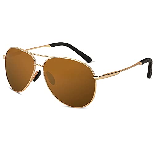 Aviator Sunglasses for Men Women Polarized Shades UV Protection, Ultra Sturdy Classic Police Sunglasses for Men, Pilot Sunglasses Men (Golden Frame Brown Lens)