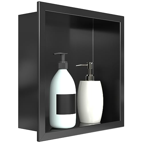 12"x12" Shower Niche Matte black stainless steel waterproof recessed wall mounted Insert Storage Shower caddy with a 10.5"x10.5" inside storage usage, no tile needed