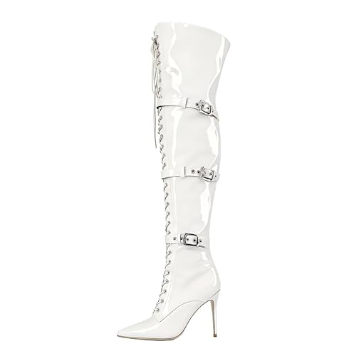Veelau Meieer Damen Stiefel Stiletto Lace up Boots Schnürstiefel Motorrad Overknees mit Riemen Schnallen Reißverschluss Lackstiefel Weiß 38 EU