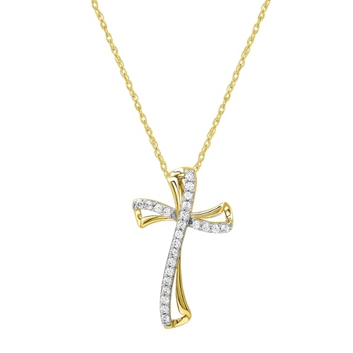 GILDED 10K Yellow Gold - 14K Yellow Gold Plated over 925 Sterling Silver Necklace for Women with Natural Round-Cut Diamond Twist Cross Pendant, 18