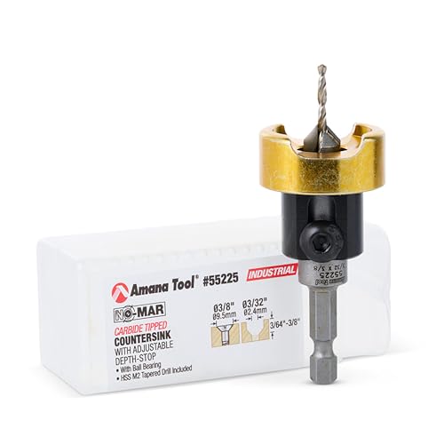 Amana Tool 55225 Carbide Tipped Countersink with No Burning and No Marring Adjustable Depth Stop with No-Thrust BB, 3/8 D x 3/32 Drill D x 1/4 Inch Quick Release Hex SHK