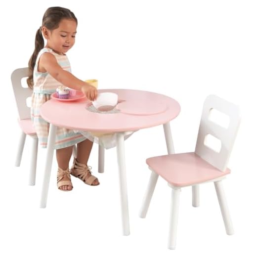 KidKraft 26165 Wooden Round Table & 2 Chair Set with Center Mesh Storage - Pink & White, 26" x 27" x 3.5"