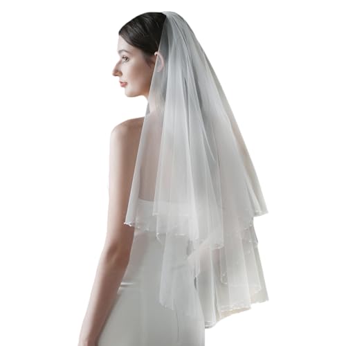 Velo de novia con perlas elegante de dos capas estilo romántico